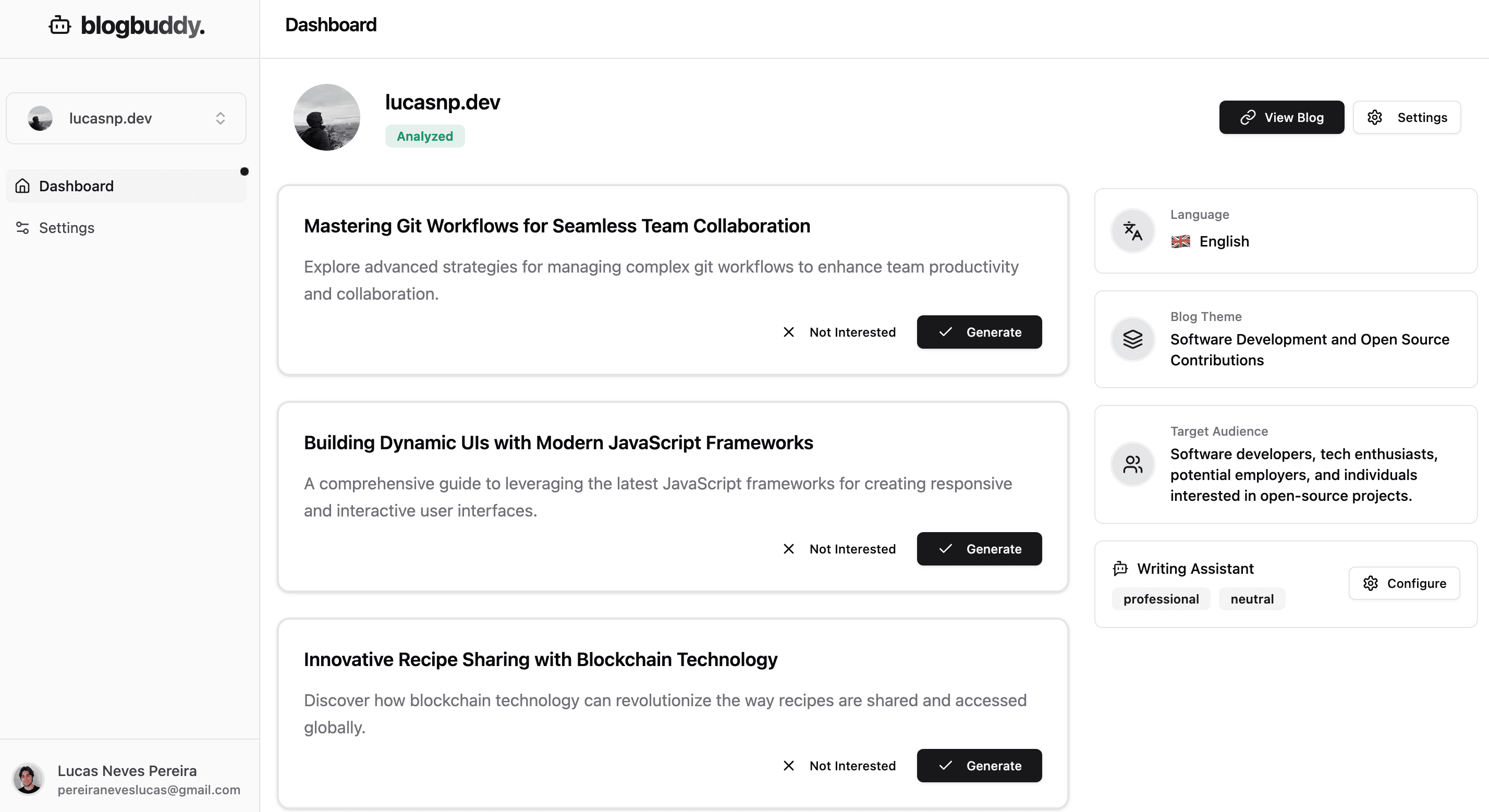 BlogBuddy Dashboard - AI-powered SEO content planning